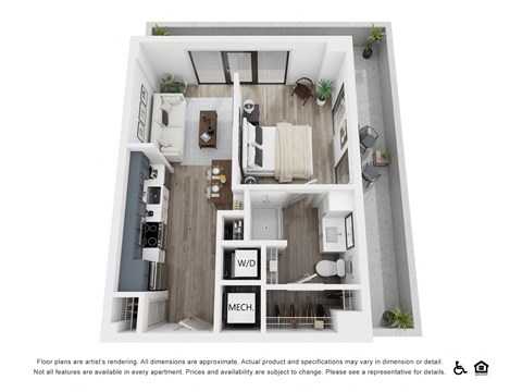 a stylized floor plan of a 1 bedroom apartment